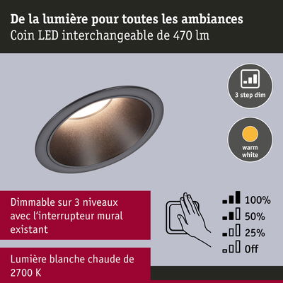 Spot LED encastrable lumière blanc chaud 2700K, dimmable en 3 niveaux avec interrupteur mural