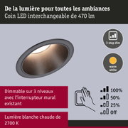 Spot LED encastré gris avec lumière blanc chaud 2700K et gradation 3 niveaux via interrupteur mural