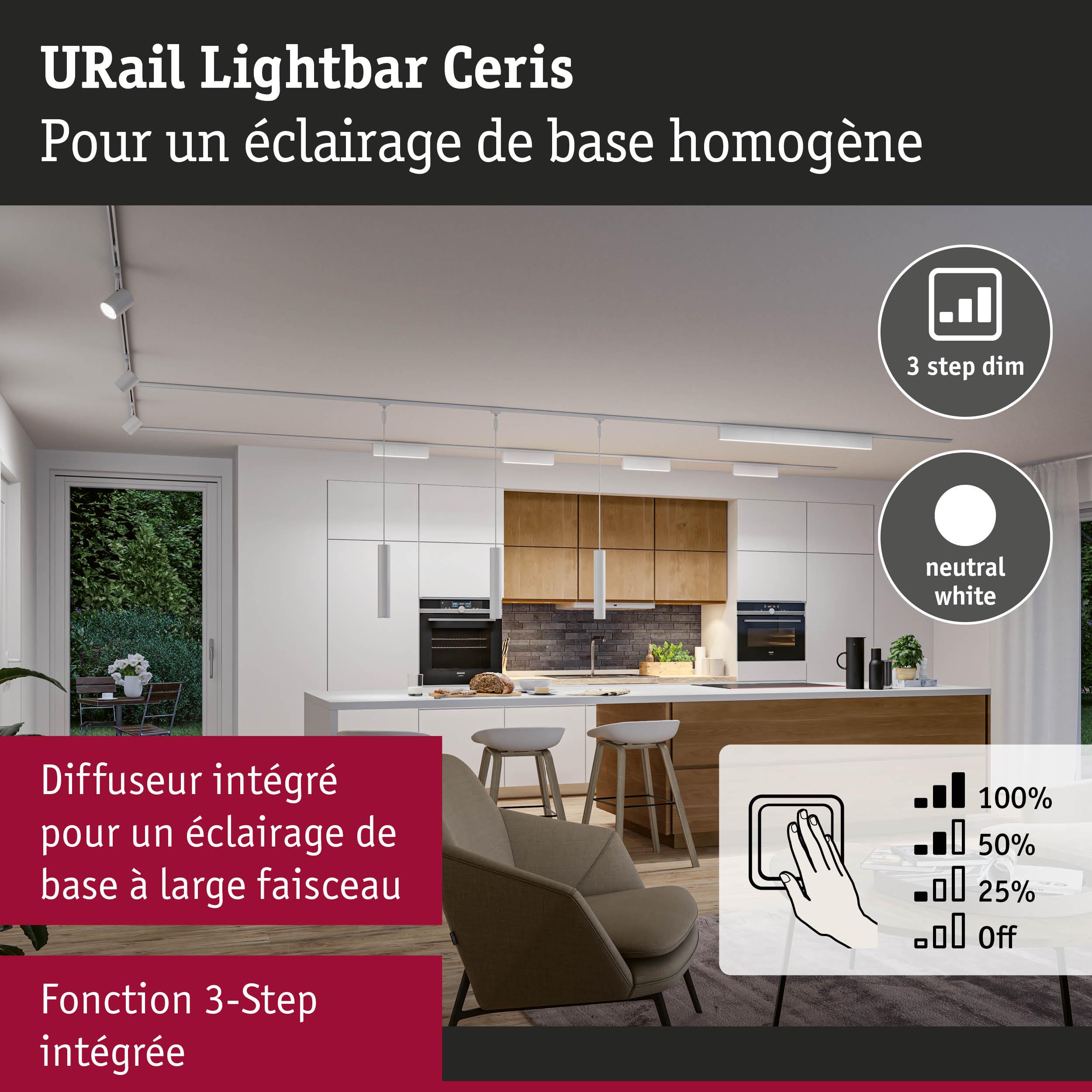 Cuisine moderne avec URail Lightbar Ceris en lumière blanc neutre et fonction dimmable 3 étapes intégrée pour éclairage de base