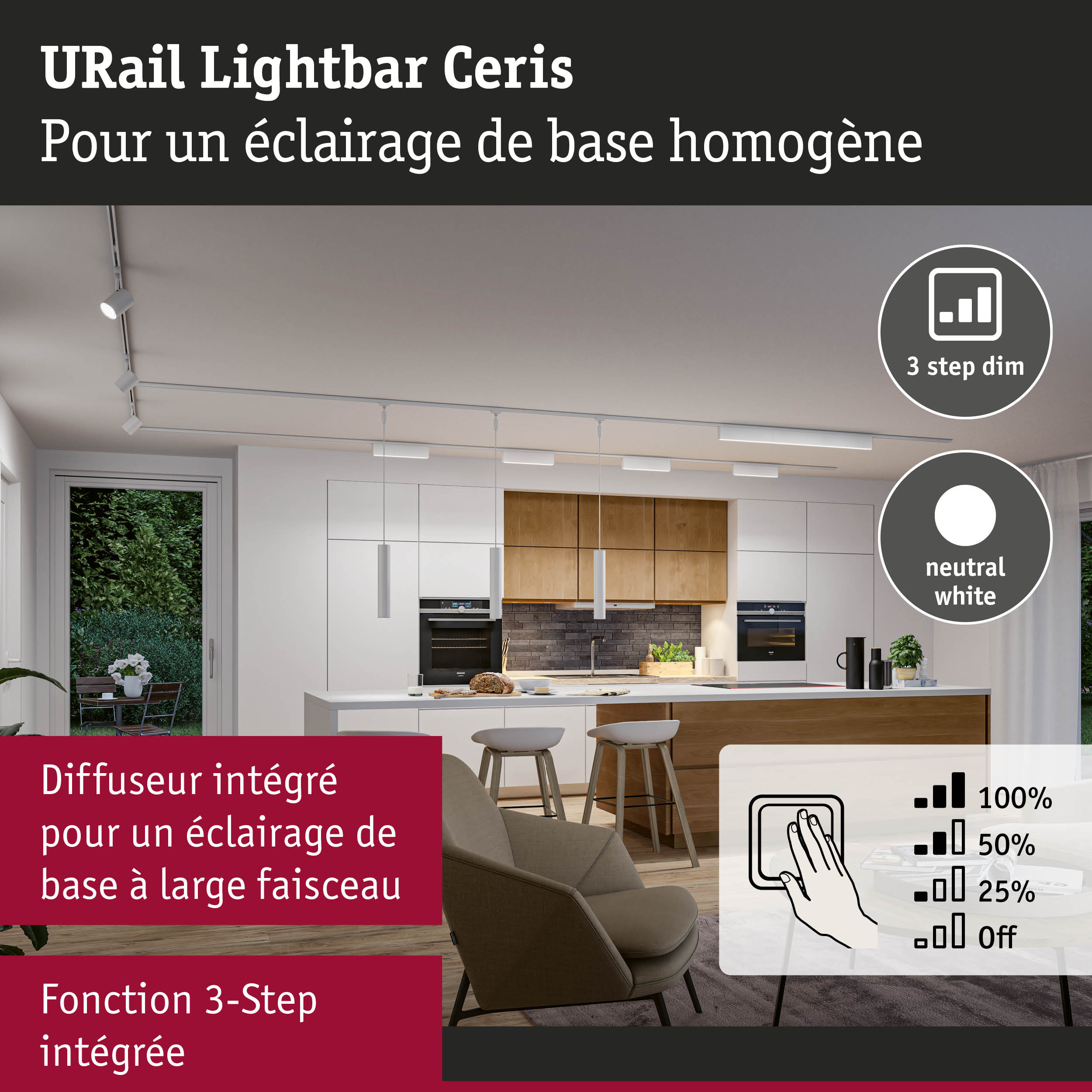 URail Lightbar Ceris éclairage de plafond blanc avec fonction 3-step dim pour un éclairage homogène