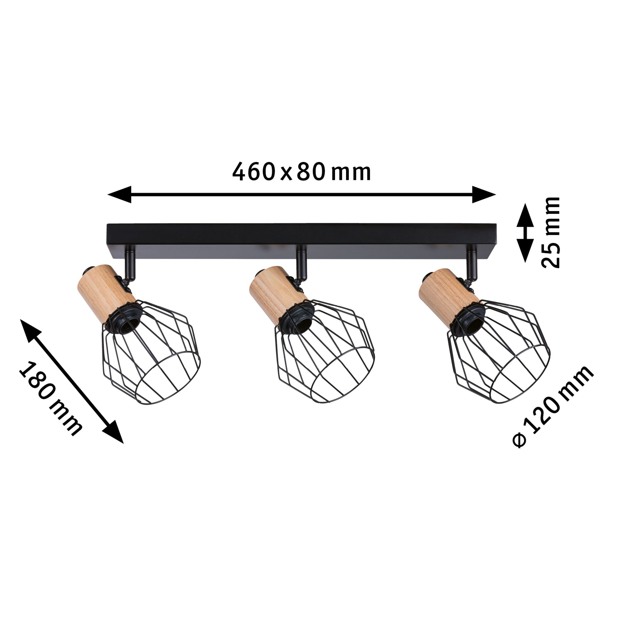 Drie-licht plafondlamp met zwart metalen kooi en houten accenten, 460x180 mm, moderne spotverlichting