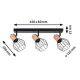 Drie-licht plafondlamp met zwart metalen kooi en houten accenten, 460x180 mm, moderne spotverlichting