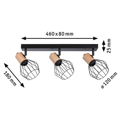 Drie-licht plafondlamp met zwart metalen kooi en houten accenten, 460x180 mm, moderne spotverlichting