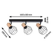 Three-light ceiling fixture with black metal cage and wood accents, 460x180 mm, modern spot lighting