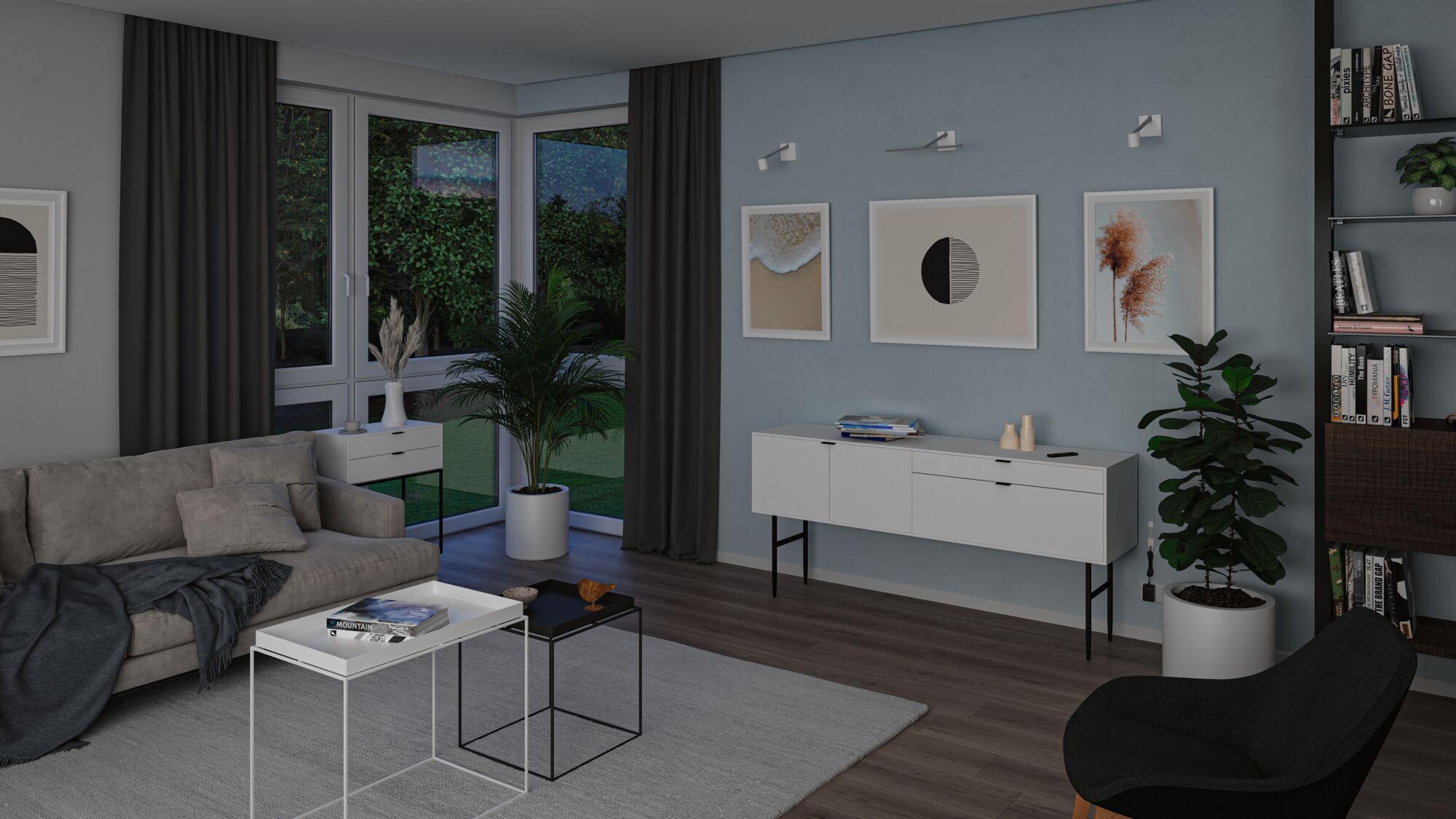 Modernes Wohnzimmer mit grauem Sofa, weißen und schwarzen Beistelltischen und minimalistischer Wandbeleuchtung