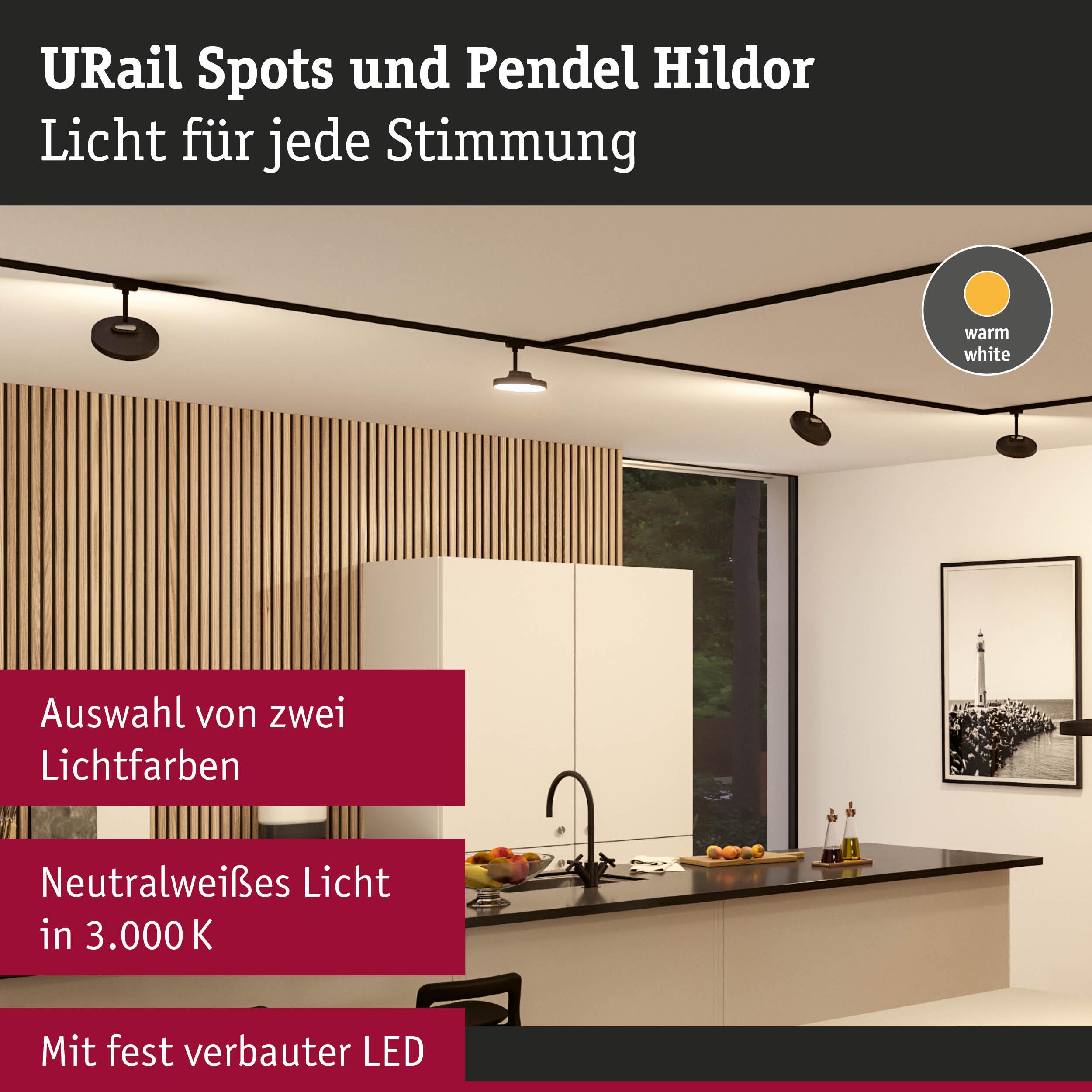 Moderne URail Spots und Pendel Hildor in Schwarz mit warmweißem LED-Licht in stilvoller Küche