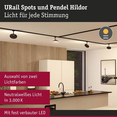 Moderne URail Spots und Pendel Hildor in Schwarz mit warmweißem LED-Licht in stilvoller Küche