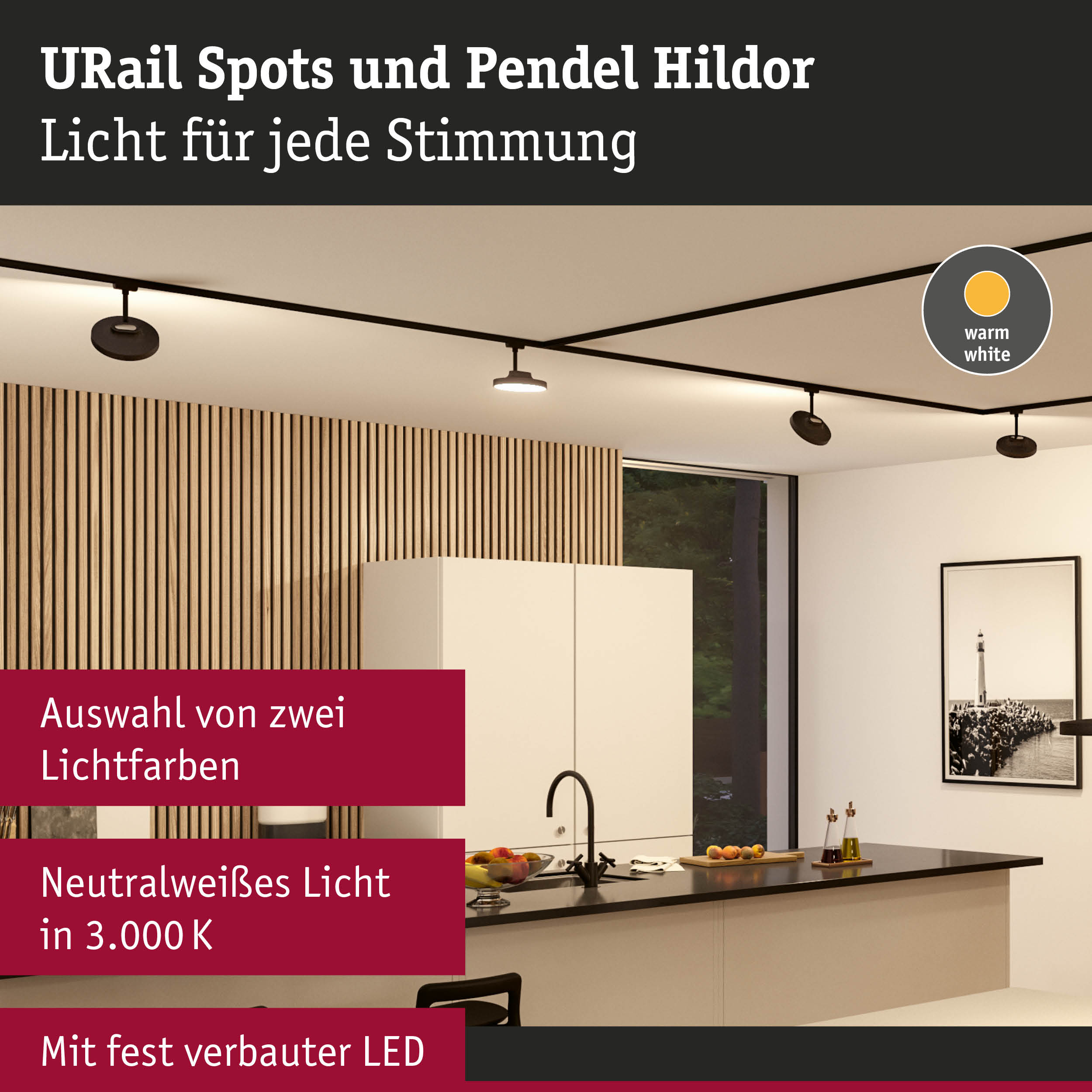 Schwarze URail Spots und Pendel Hildor mit warmweißem LED-Licht in moderner Küche mit Holzpaneelen