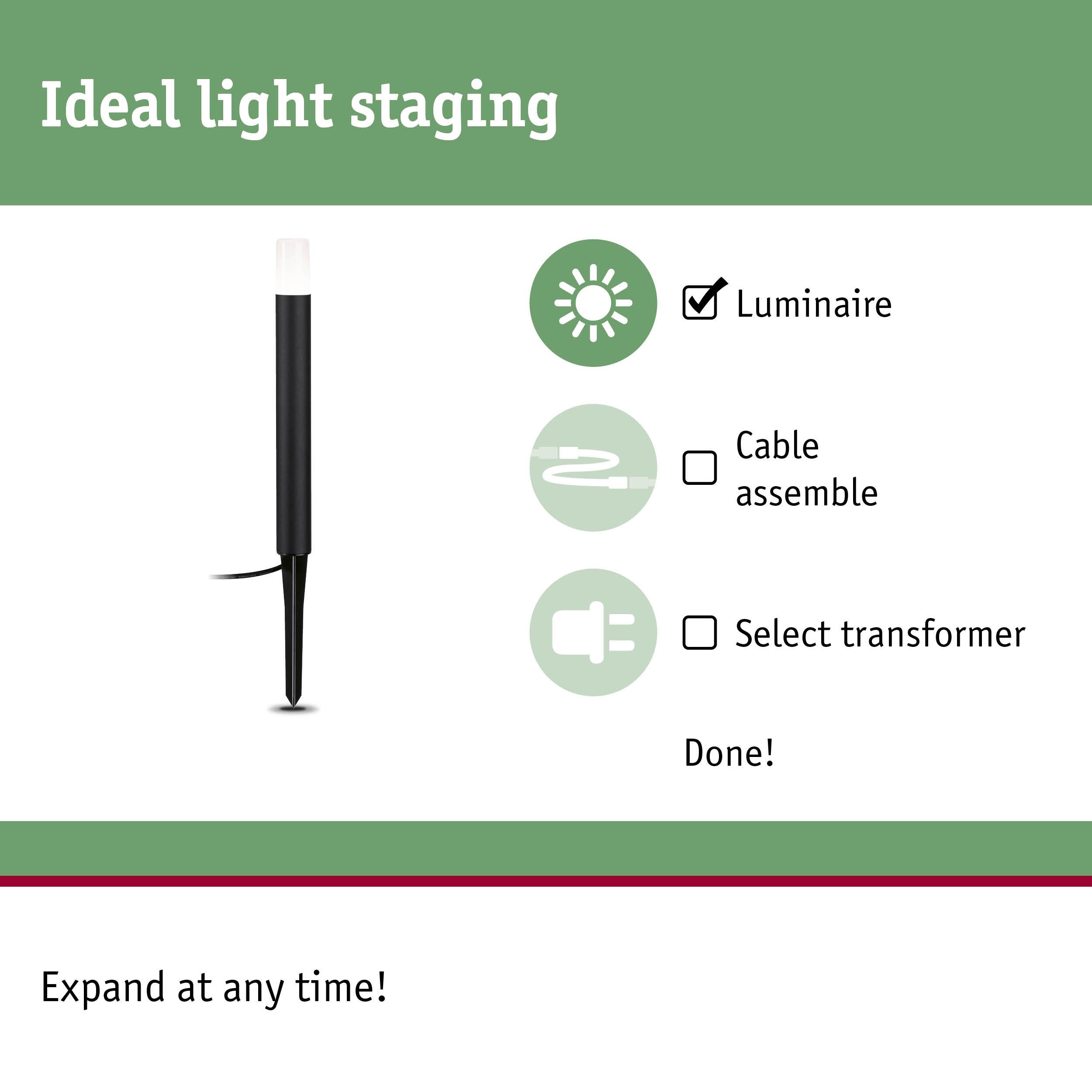 Black LED outdoor garden light with spike, easy setup without cable assembly or transformer selection.