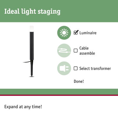 Black LED outdoor garden light with spike, easy setup without cable assembly or transformer selection.