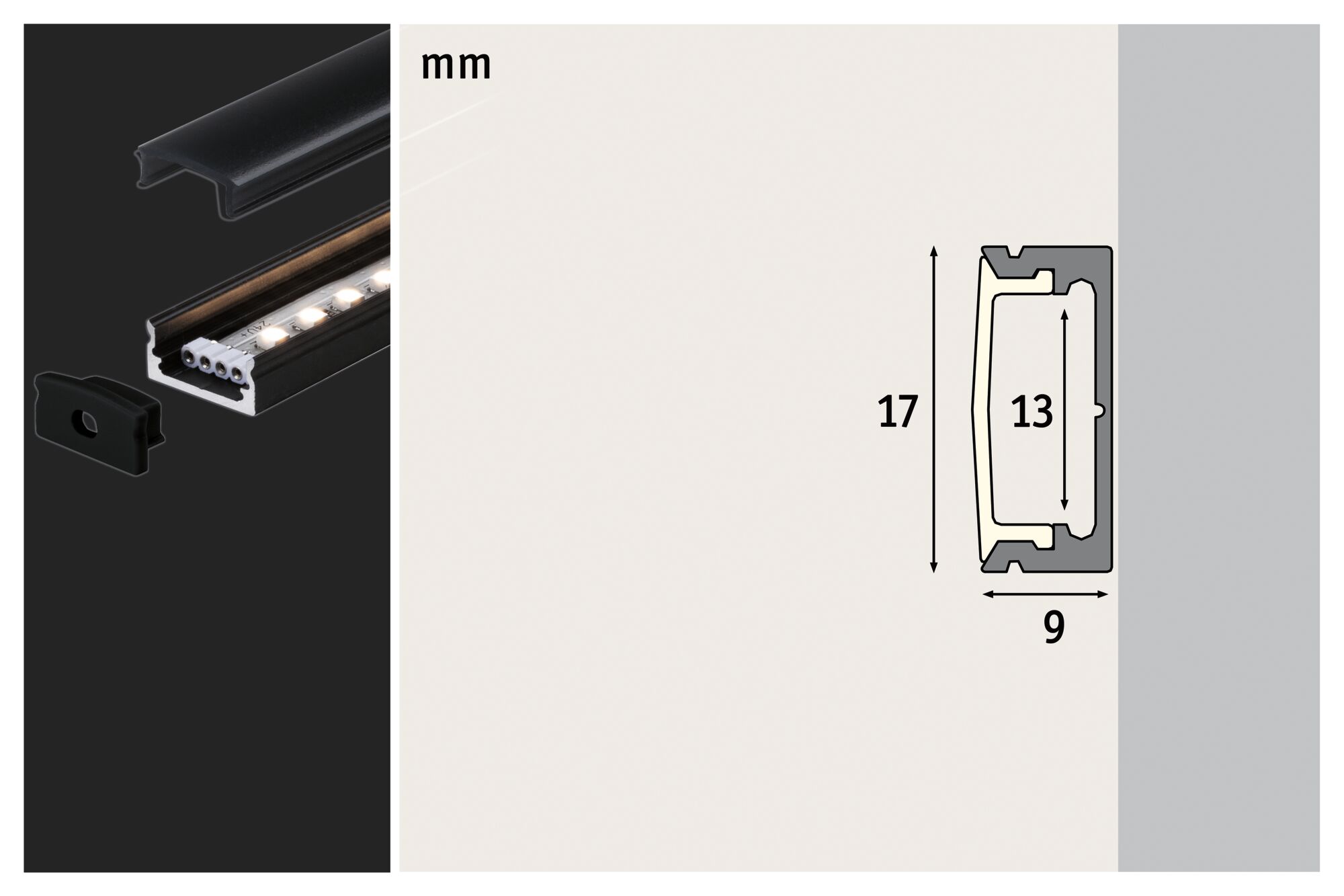 Black aluminum LED profile with cover and end cap, dimensions 17x9 mm, for LED strips.