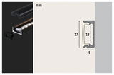 Black aluminum LED profile with cover and end cap, dimensions 17x9 mm, for LED strips.