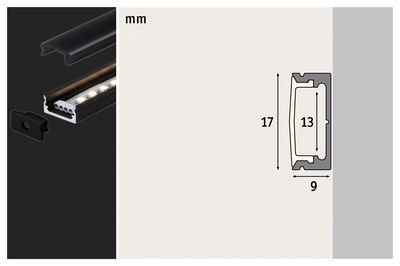 Black aluminum LED profile with cover and end cap, dimensions 17x9 mm, for LED strips.