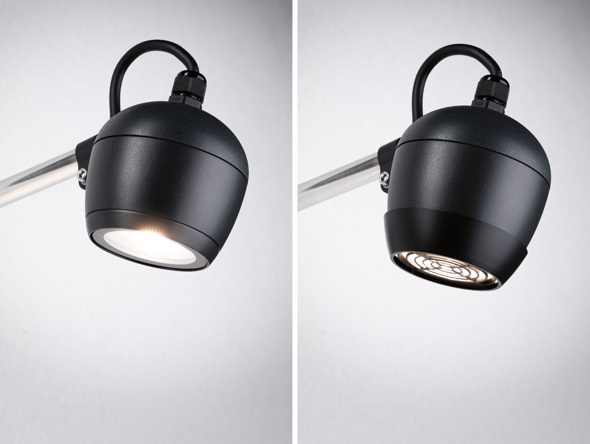 Schwarze LED-Strahler mit Metallgehäuse und flexiblem Arm, ideal für moderne Innenbeleuchtung.