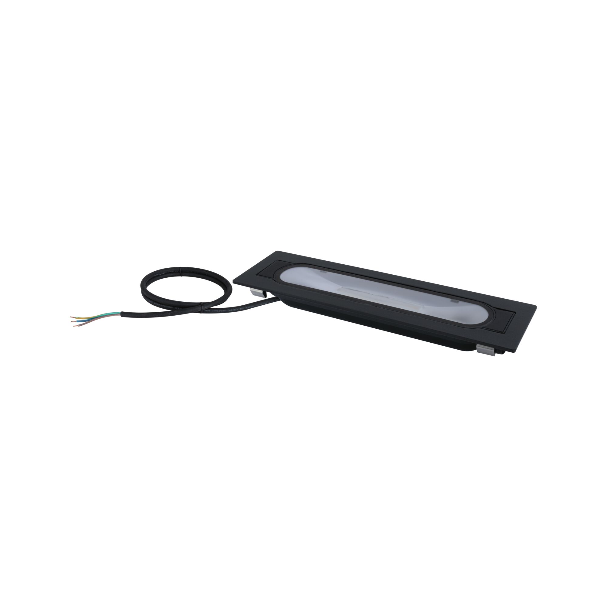 Schwarze LED-Einbauleuchte aus Metall mit Kabel für moderne Innenbeleuchtung und energiesparende Lichtlösung.