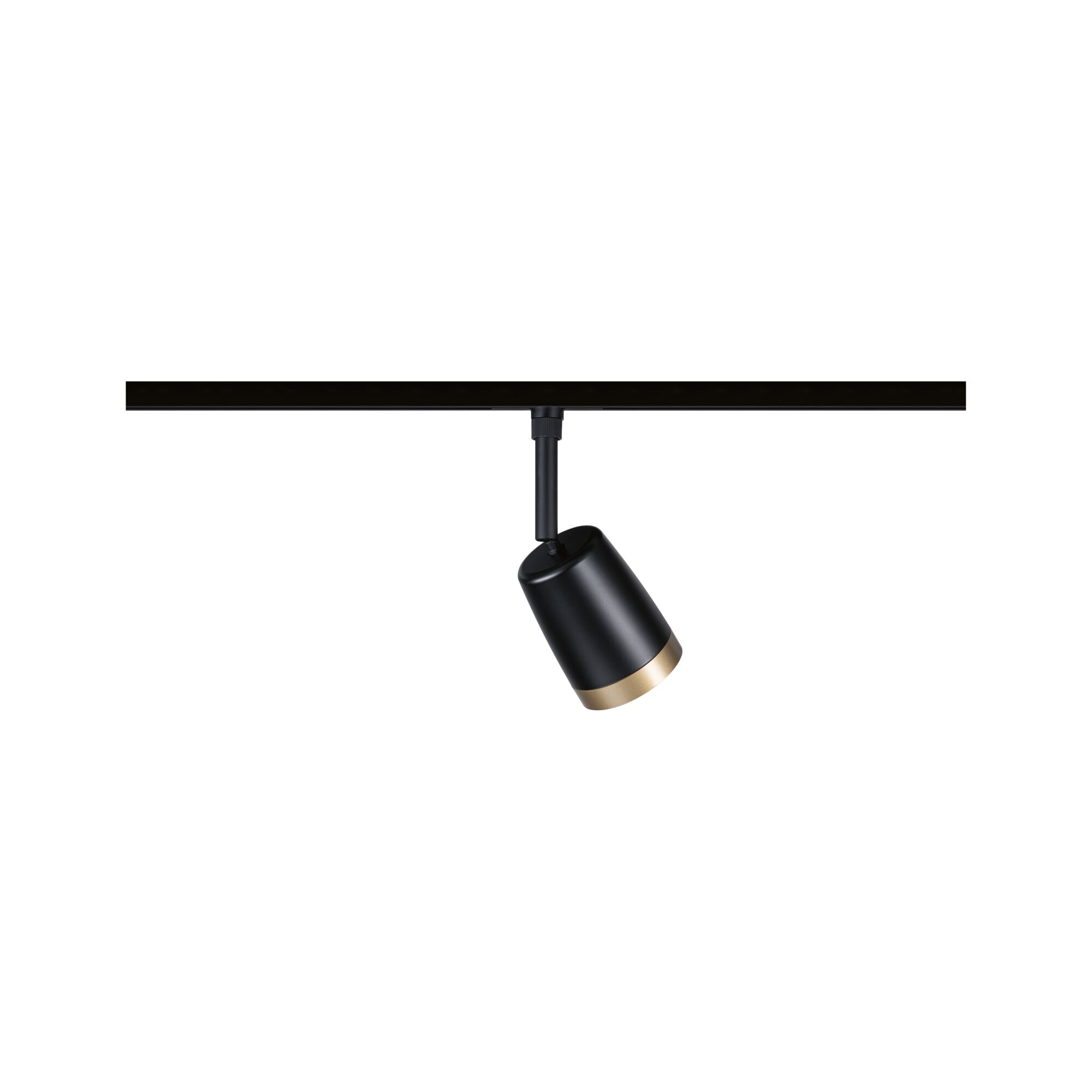 Black aluminium spotlight with gold trim on track system for modern indoor lighting solutions