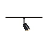Black aluminium spotlight with gold trim on track system for modern indoor lighting solutions