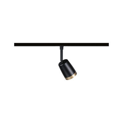 Black aluminium spotlight with gold trim on track system for modern indoor lighting solutions