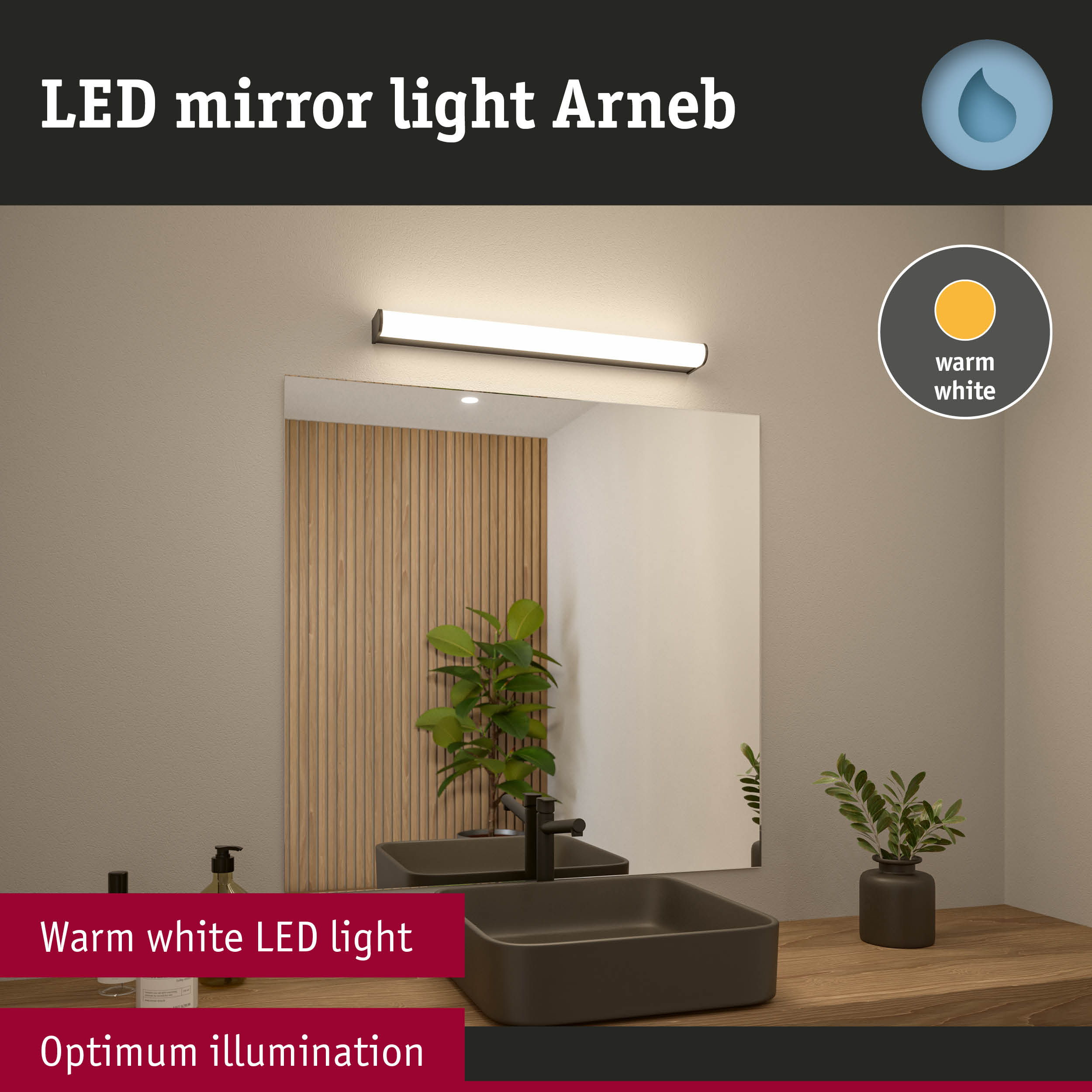 Arneb warm white LED mirror light above bathroom mirror with wood panel and black sink