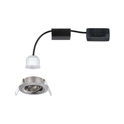 Rund indbygnings-LED-spot i børstet rustfrit stål med hvid LED-modul og sort kabel