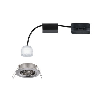 Round recessed LED spotlight housing in brushed stainless steel with white LED module and black cable