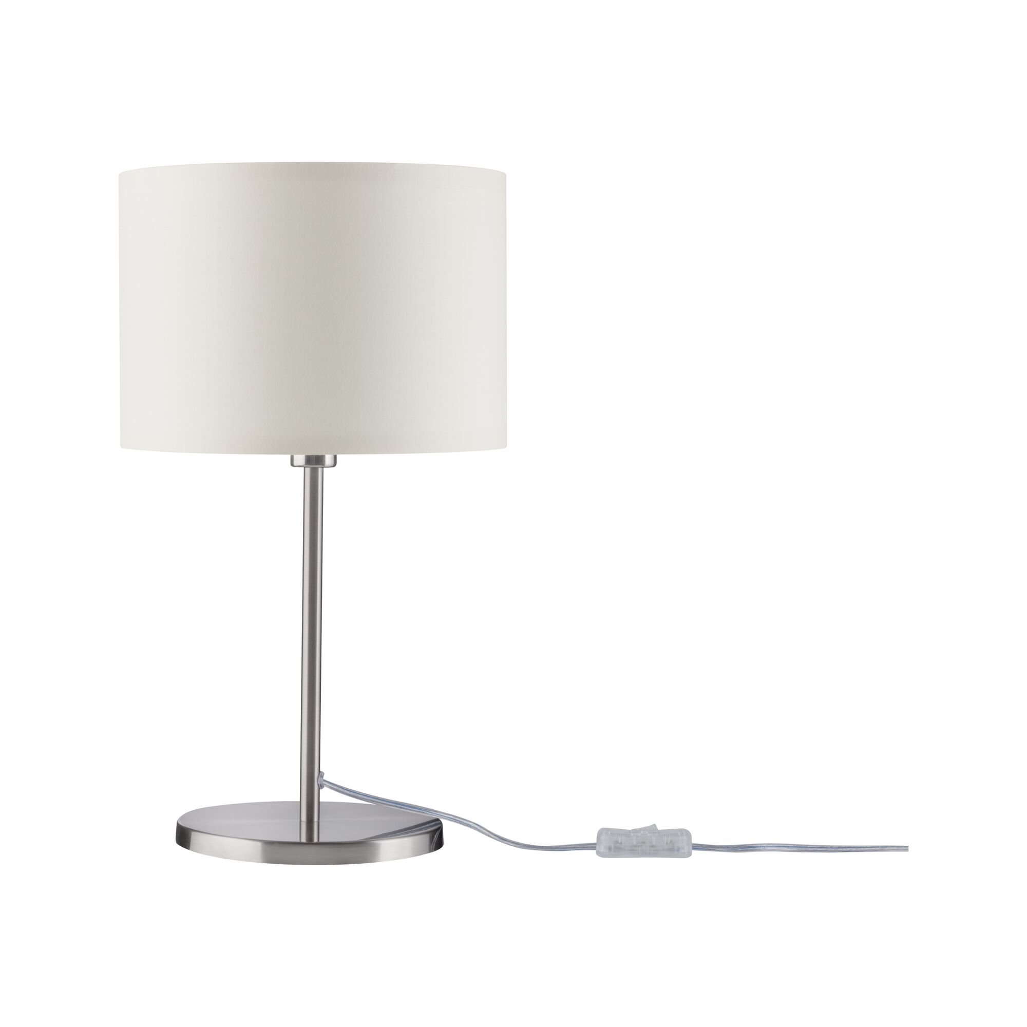 Moderne tafellamp met witte stoffen kap en geborstelde metalen voet voor stijlvolle verlichting