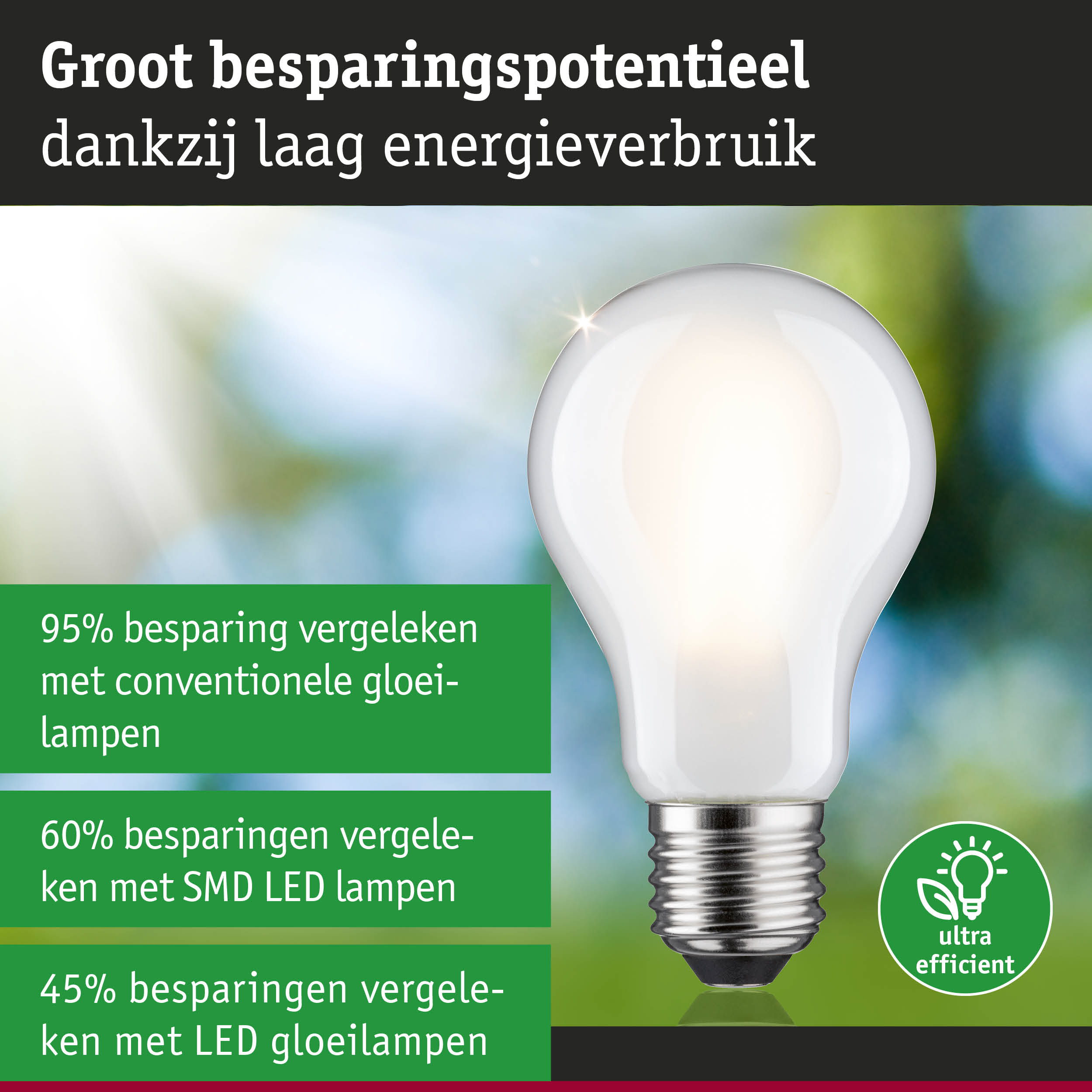 Energiezuinige LED-lamp met wit glas en metalen fitting tegen groen-blauwe achtergrond