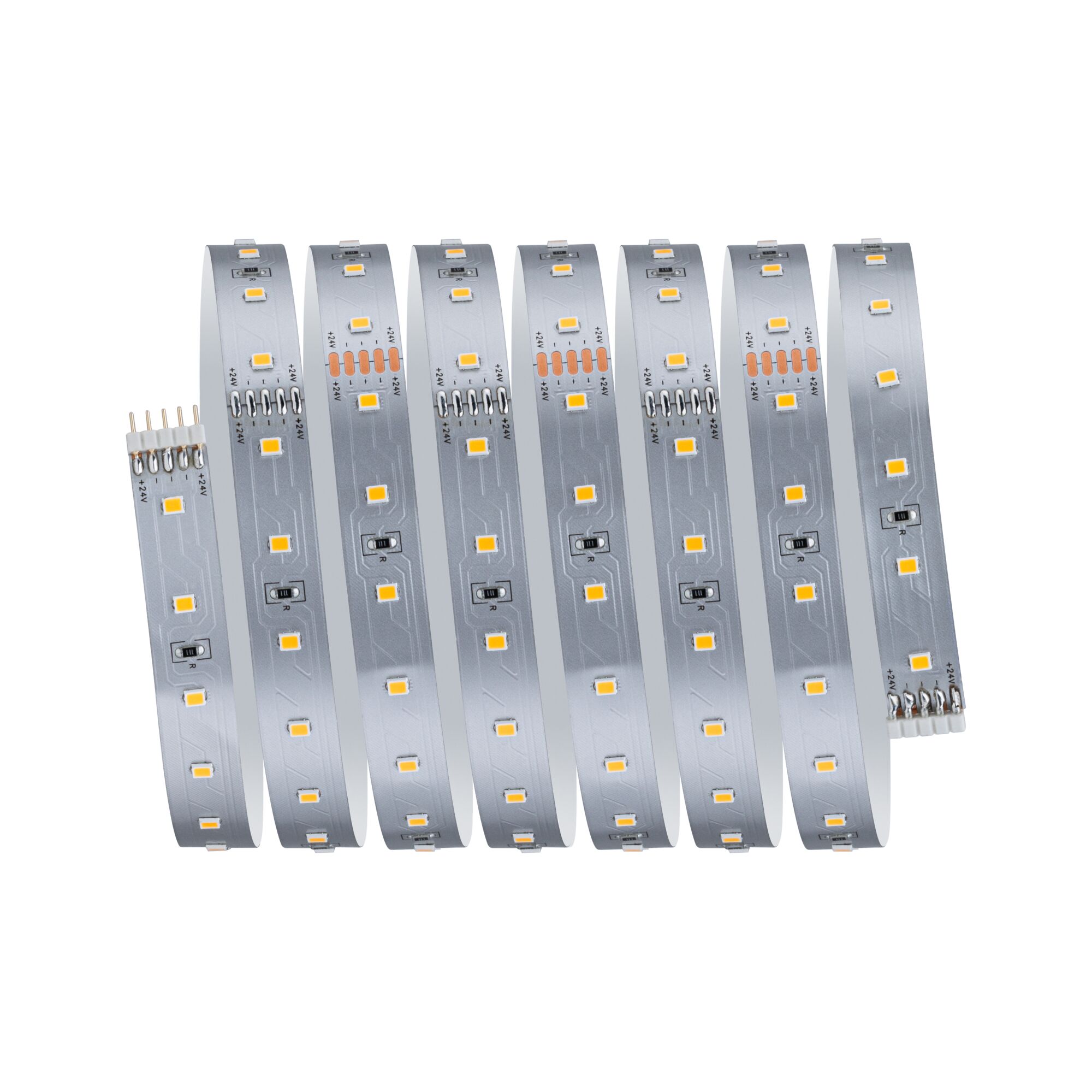 Flexible LED strip with warm white LEDs on silver circuit board for modern lighting effects.