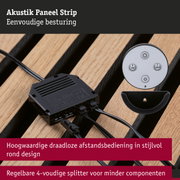 Zwarte besturingsbox en ronde witte afstandsbediening op houten oppervlak voor Akustik Paneel Strip