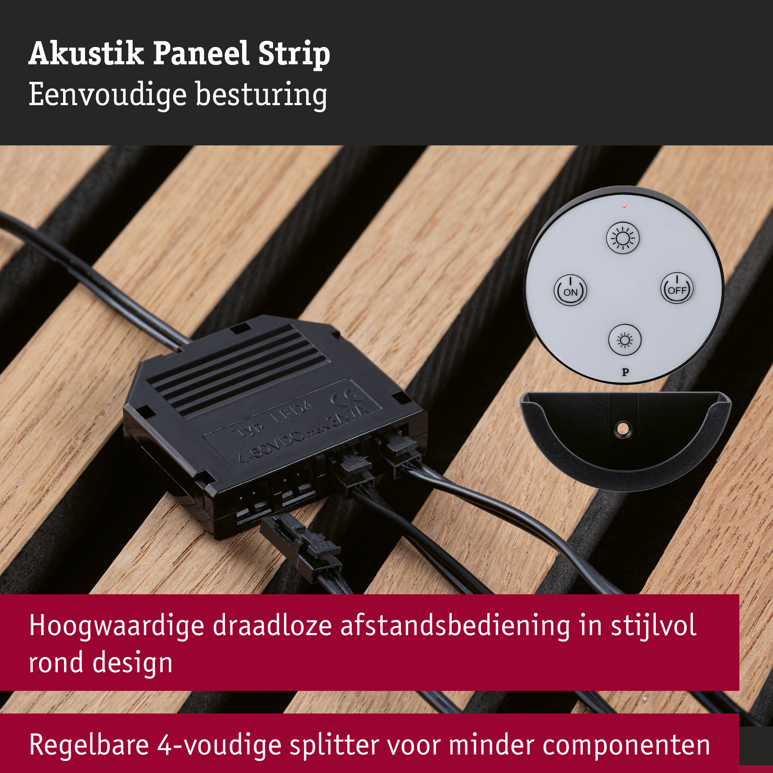 Zwarte besturingsbox en ronde witte afstandsbediening op houten oppervlak voor Akustik Paneel Strip