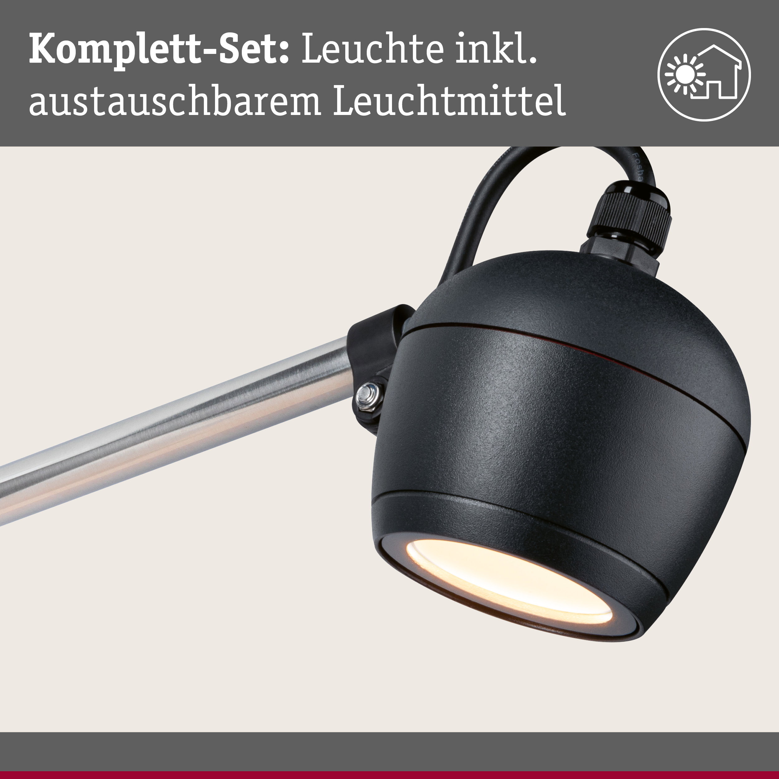 Schwarze Metall-Spotleuchte mit austauschbarem Leuchtmittel und verstellbarem Arm für Innenbeleuchtung