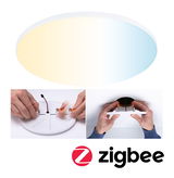 Round white LED ceiling light with adjustable warm to cool white color gradient, Zigbee compatible.