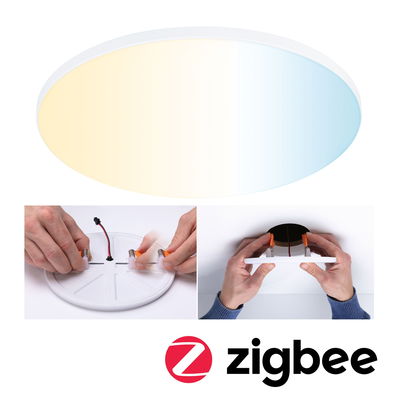 Round white LED ceiling light with adjustable warm to cool white color gradient, Zigbee compatible.