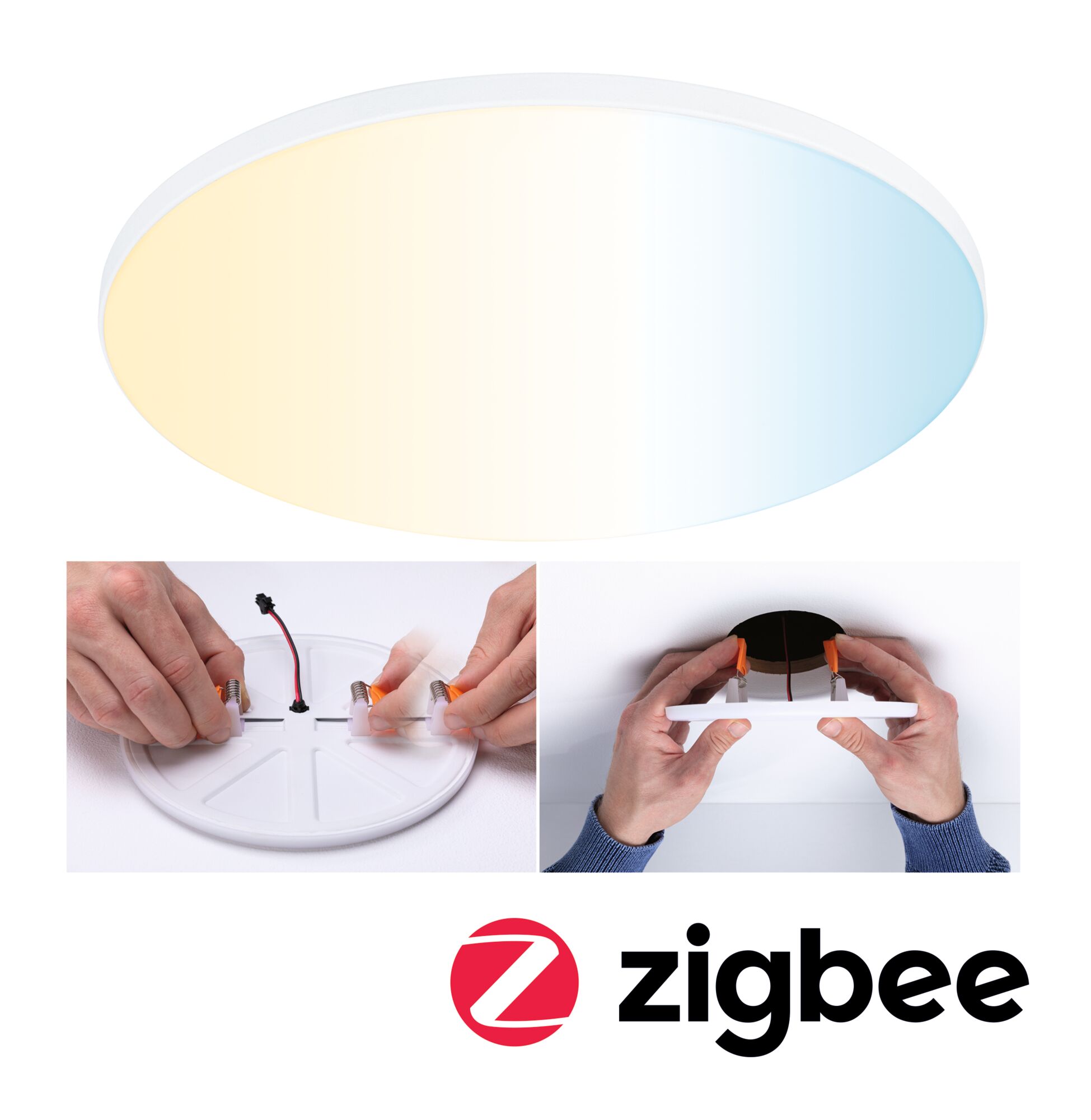 VariFit LED Einbaupanel Smart Home Zigbee 3.0 Veluna Edge IP44 rund 200mm 18W 1400lm Tunable White Weiß dimmbar Runde weiße LED-Deckenleuchte mit einstellbarem Farbverlauf von warmweiß zu kaltweiß, Zigbee kompatibel.