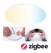 Round white LED ceiling light with adjustable warm to cool white color gradient, Zigbee compatible.