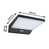 Black LED wall light with motion sensor and milky white diffuser, dimensions 250x180x58 mm