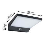 Black LED wall light with motion sensor and white diffuser, dimensions 250x180x58 mm