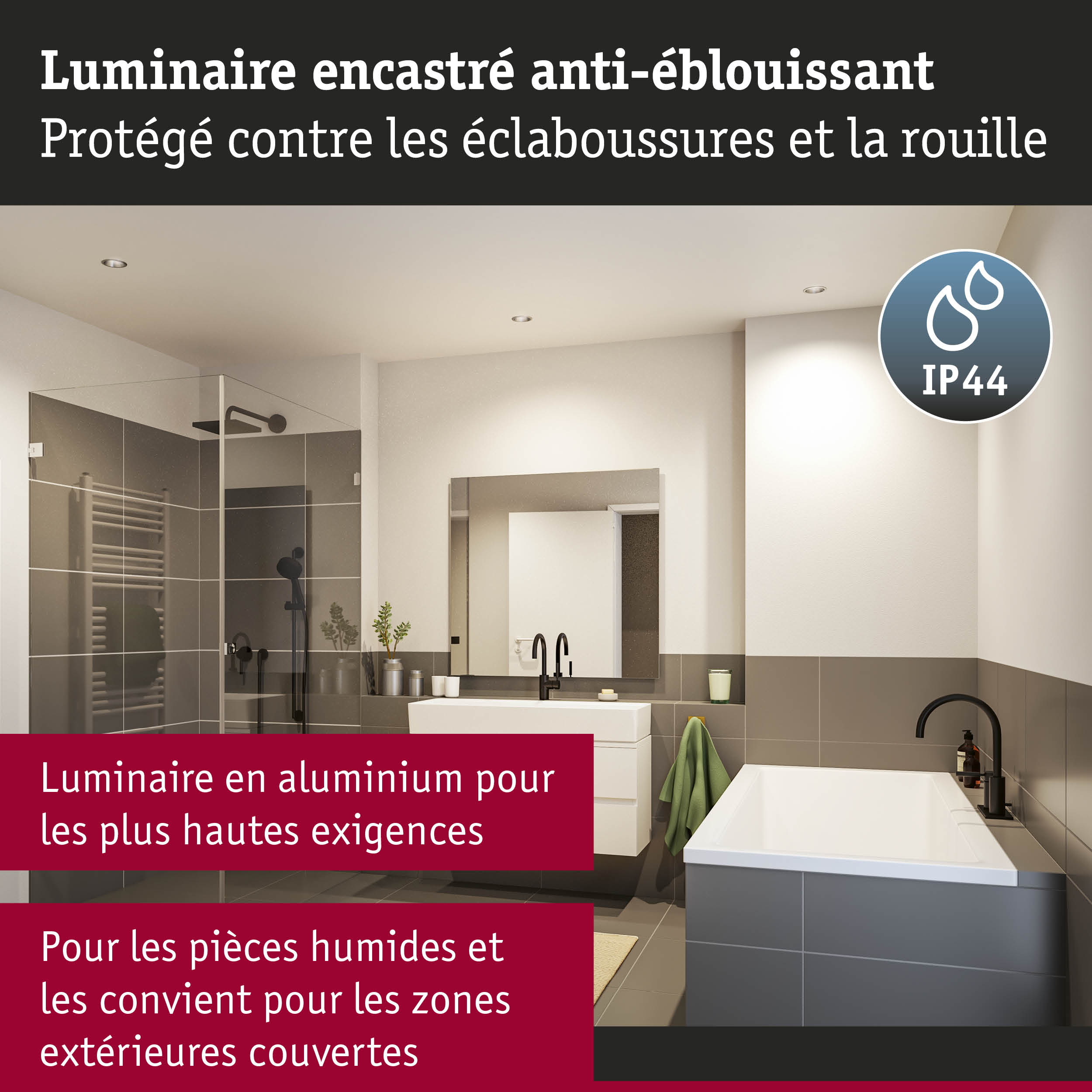 Salle de bain moderne avec luminaires LED encastrés en aluminium gris et protection IP44 pour zones humides