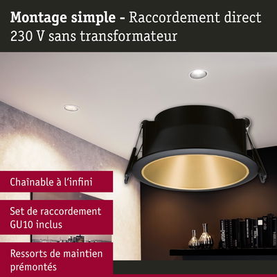 Spot encastré noir avec anneau intérieur doré pour raccordement direct 230 V sans transformateur