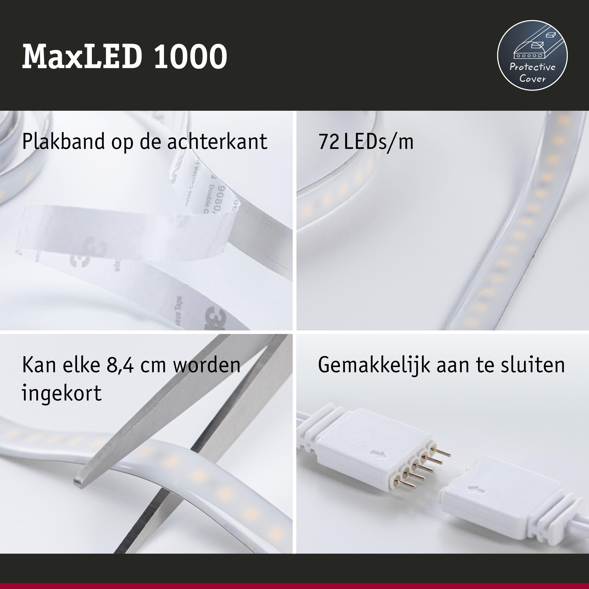 MaxLED 1000 LED-strip met plakband, 72 LEDs per meter, in te korten per 8,4 cm, eenvoudige aansluiting