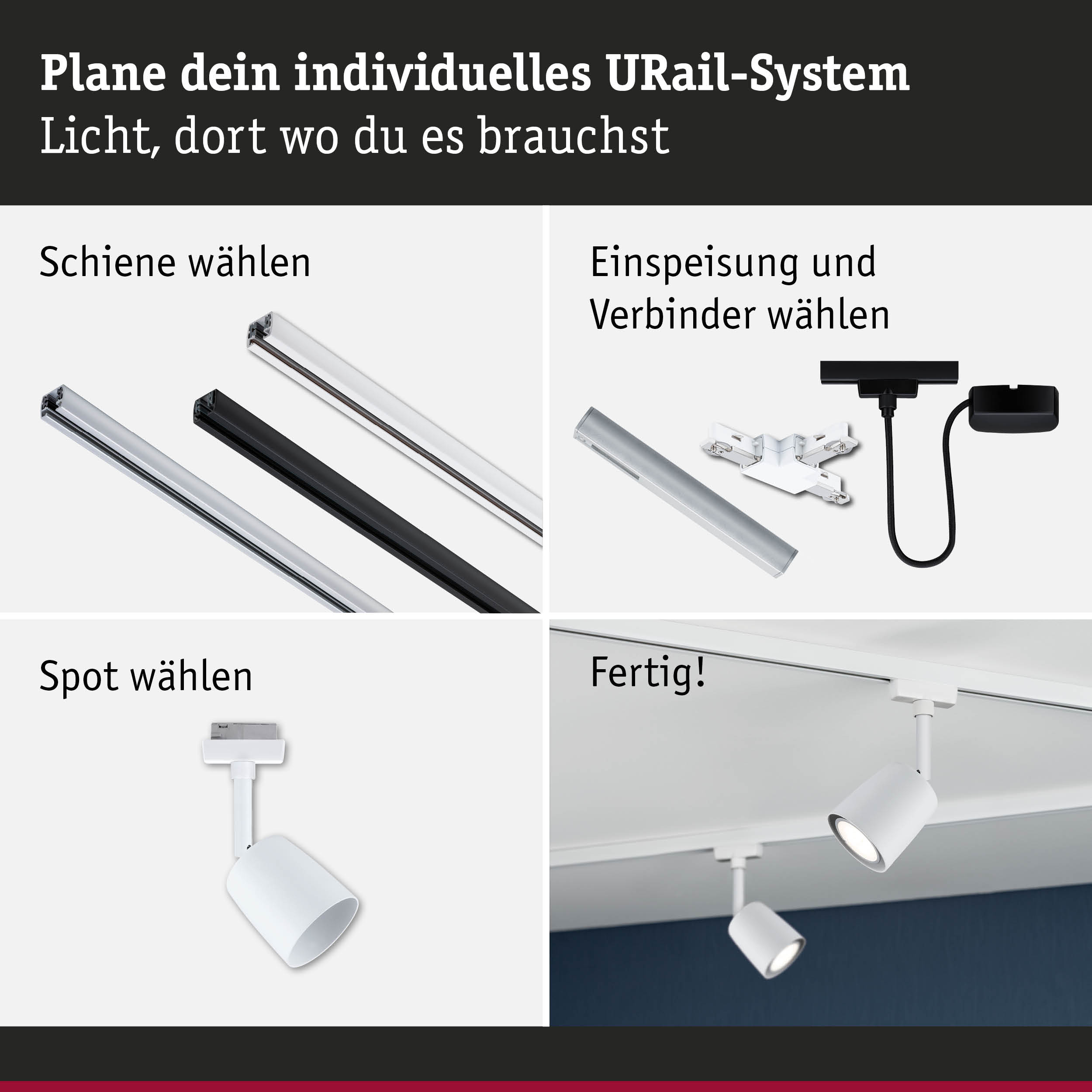 Modulares URail-Schienensystem mit weißen und schwarzen Schienen, Steckern und weißen Spots für flexible Beleuchtung