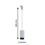 Silver metal cylindrical pendant light with black edge, 185.2 cm length, 14 cm diameter lighting fixture
