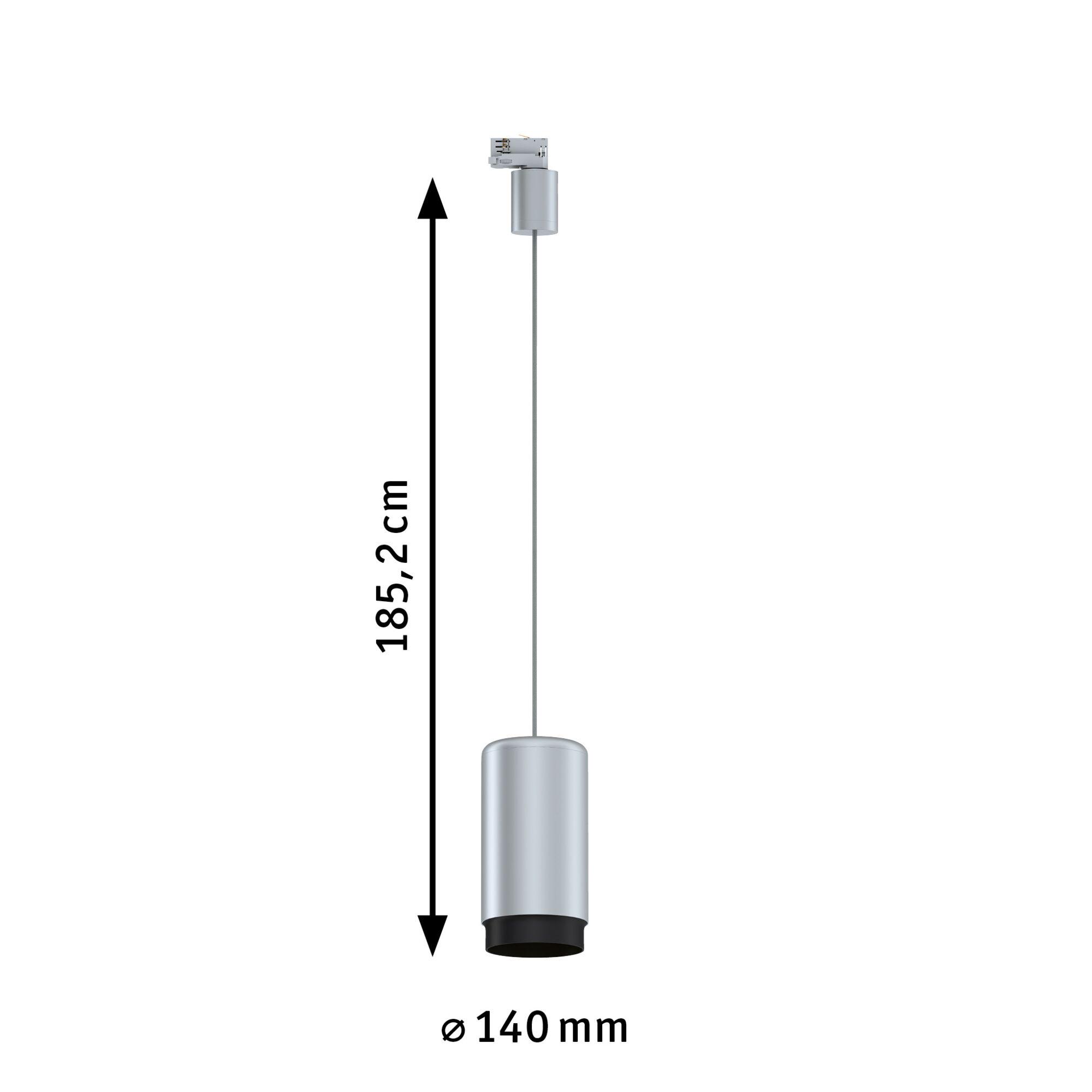 Silver metal cylindrical pendant light with black edge, 185.2 cm length, 14 cm diameter lighting fixture