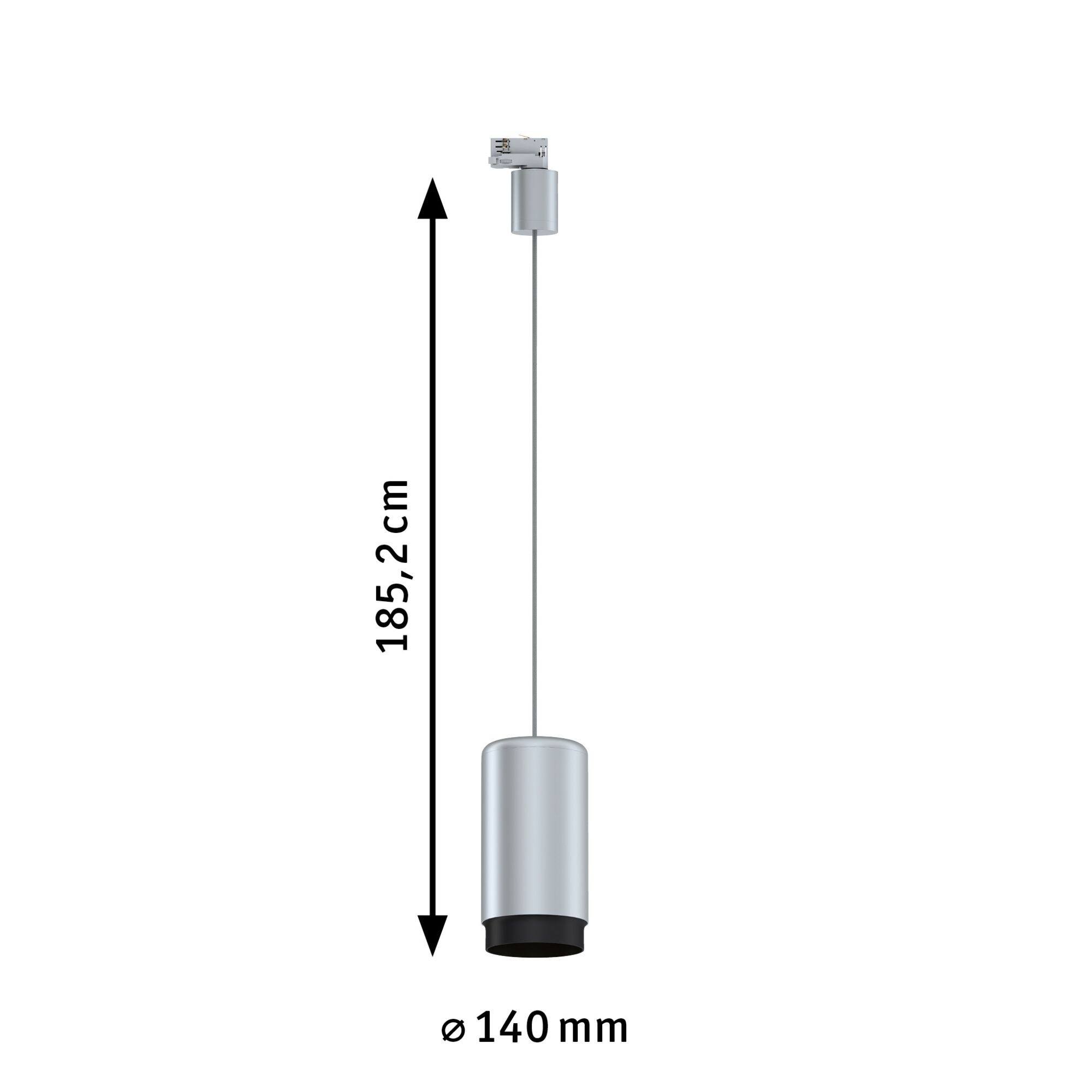 Silberne Zylinder-Pendelleuchte aus Metall mit schwarzem Rand, 185,2 cm Länge, 14 cm Durchmesser