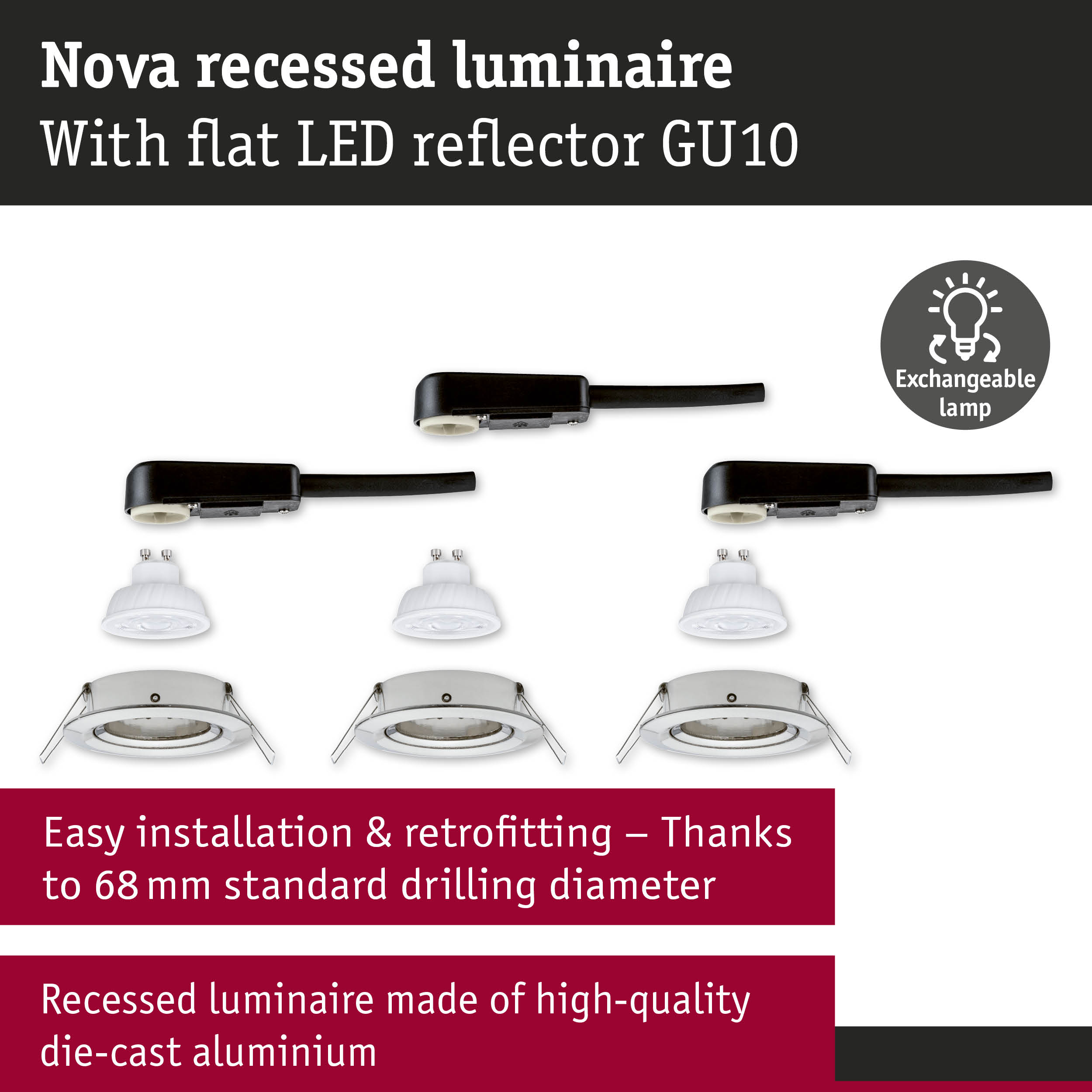 Nova recessed luminaire in white die-cast aluminium with GU10 LED socket and exchangeable lamp