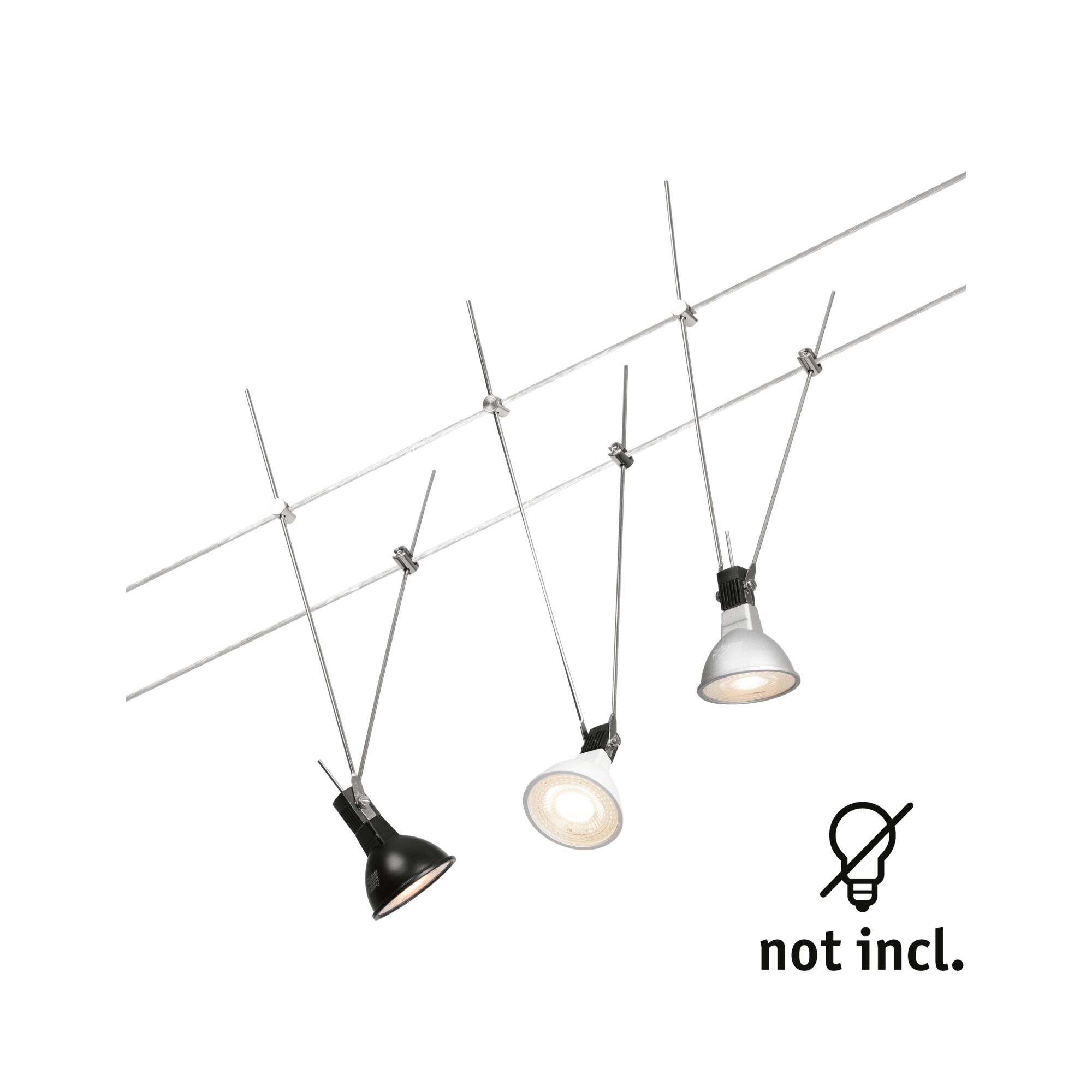 Three modern black and white metal cable spotlights, LED bulbs not included