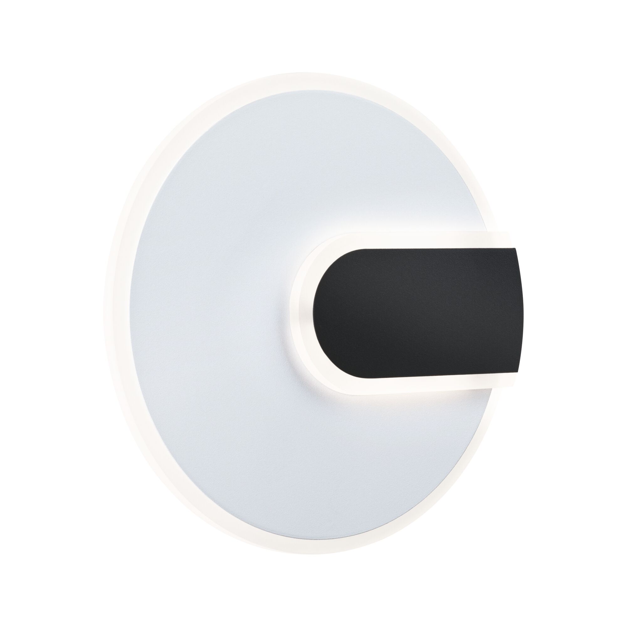 Round white LED wall light with black metal accent for modern indoor lighting solutions