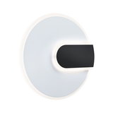 Round white LED wall light with black metal accent for modern indoor lighting solutions