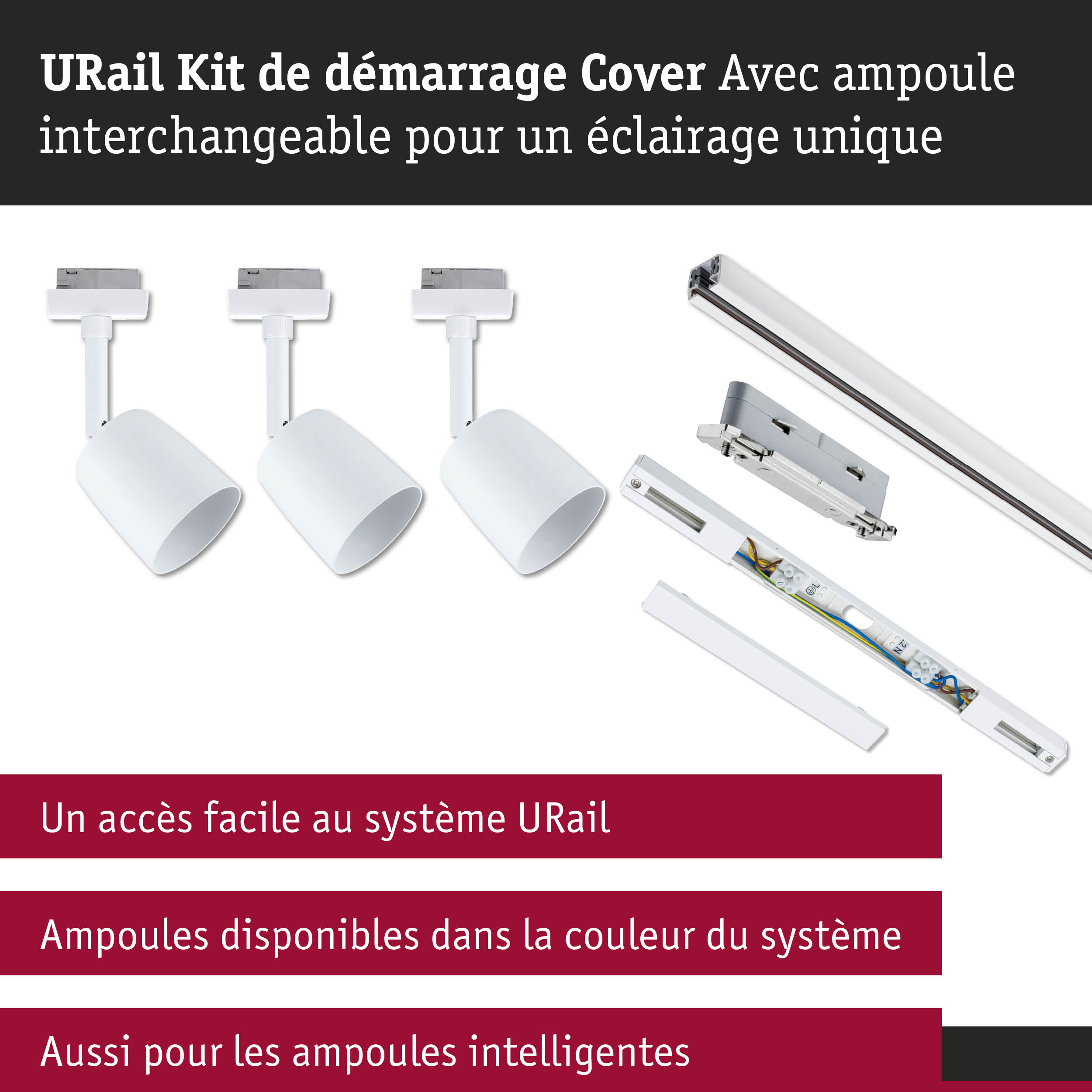 Kit de démarrage URail blanc avec ampoules interchangeables et rails pour système d'éclairage LED flexible