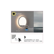 Round white outdoor wall light with sensor, backlight, and seawater-resistant housing for garden lighting
